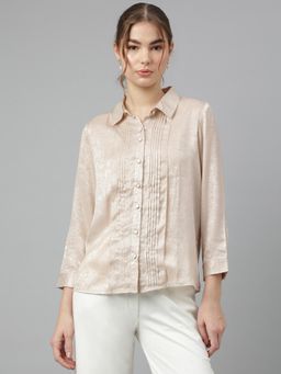 Latin Quarters - Women Cream Solid Full Sleeve Collared Casual Shirt