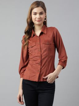 Latin Quarters - Women Rust Solid 3/4Th Sleeve Collared Casual Top