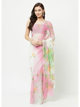 La Vastraa - Hand Painted Pink-Green Shaded Chiffon Saree With Unstitched Blouse