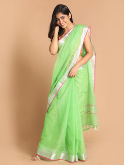 Indethnic - Kota Green Solid Work Wear Saree With Unstitched Blouse
