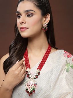 PANASH - Gold Plated Kundan and Red Beads Peacock Shaped Meenakari Jewellery (Set of 2)