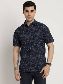 Turtle - Men Pure Cotton Indigo Printed Slim Fit Navy Blue Casual Shirt