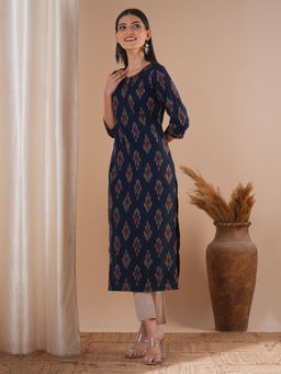 Kami Kubi - Navy Blue Straight Fit Cotton Ikat Kurta