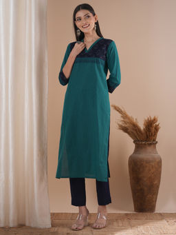 Kami Kubi - Green Straight Fit Cotton Stripes Kurta