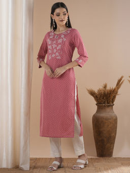 Kami Kubi - Straight Fit Kurta With Embroidered Yoke Pink Kurta