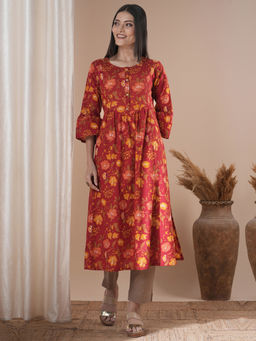 Kami Kubi - Rust Printed Shoulder Princess A-Line Kurta