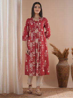 Kami Kubi - Red Flared Floral Printed Kurta