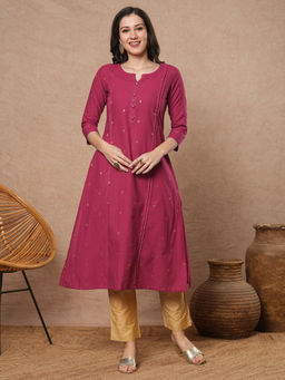 Kami Kubi - Pink Pocketed Embroidery and Gathering Kurta