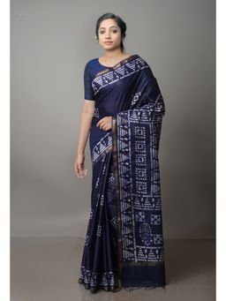 Unnati Silks - Navy Blue Pure Batik Chanderi Silk Saree with Unstitched Blouse