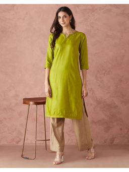 Fabindia - Green Viscose Silk Regular Fit Long Kurta
