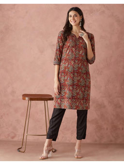 Fabindia - Maroon Cotton Kalamkari Printed Knee Length Kurta