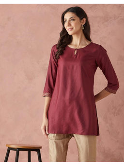 Fabindia - Wine Viscose Silk Slim Fit Short Kurti