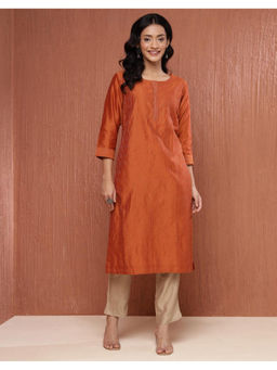 Fabindia - Rust Cotton Silk Slim Fit Long Kurta