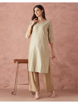 Fabindia - Beige Cotton Silk Printed Long Kurta