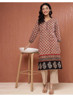 Fabindia - Maroon Cotton Bagru Printed Calf Length Kurta