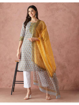 Fabindia - Blue Cotton Printed Dupatta and Kurta (Set of 2)