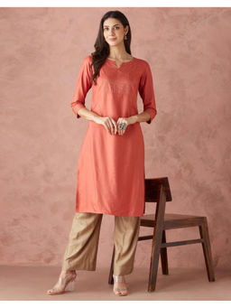 Fabindia - Peach Viscose Silk Solid Long Kurta