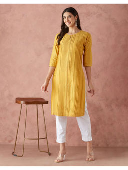 Fabindia - Mustard Cotton Silk Regular Fit Long Kurta