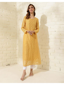 Fabindia - Yellow Cotton Silk Chikankari Kurta with Slip (Set of 2)