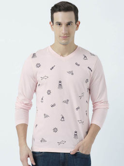 Huetrap - Mens Light Pink Full Sleeves V Neck T-shirt
