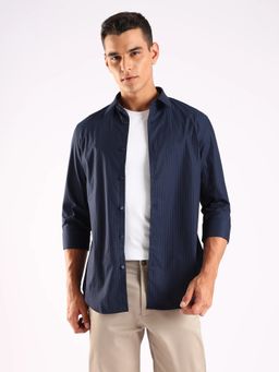 Calvin Klein - Striped Slim Fit Navy Blue Cotton Shirt