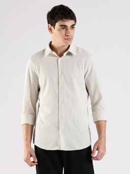 Calvin Klein - Off White Striped Slim Fit Polyester Shirt