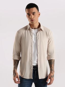 Calvin Klein - Solid Slim Fit Polyamide Beige Shirt