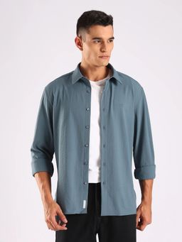 Calvin Klein - Textured Relaxed Fit Blue Polyester Shirt