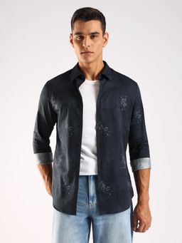 Calvin Klein - Navy Blue Printed Slim Fit Cotton Shirt
