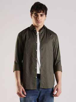Calvin Klein - Striped Olive Slim Fit Cotton Shirt