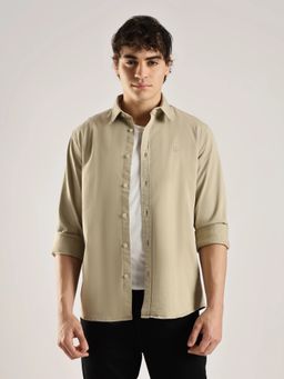 Calvin Klein - Embroidered Beige Logo Regular Fit Cotton Shirt