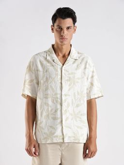 Calvin Klein - Printed Relaxed Fit Linen Off White Shirt