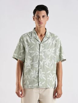 Calvin Klein - Printed Relaxed Fit Green Linen Shirt