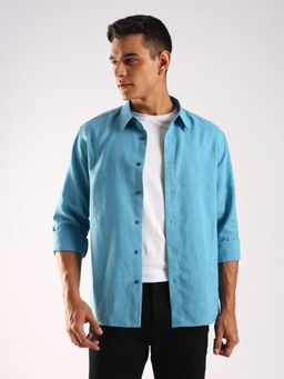 Calvin Klein - Solid Relaxed Fit Blue Linen Shirt