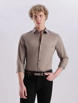 Calvin Klein - Solid Slim Fit Beige Cotton Shirt