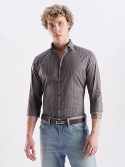 Calvin Klein - Striped Slim Fit Cotton Beige Shirt