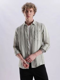 Calvin Klein - Striped Regular Fit Green Linen Shirt