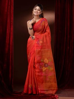CHARUKRITI - Orange Tissue Muslin Handwoven Multicolour Floral Motifs Saree with Unstitched Blouse