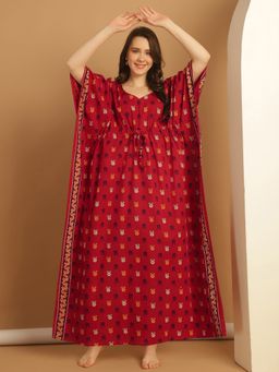 Secret Wish - Red Floral Print Cotton Plus Size Kaftan Nighty
