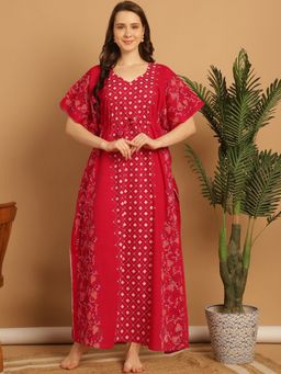 Secret Wish - Red Printed Cotton Kaftan Nighty