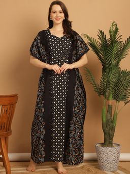 Secret Wish - Navy Blue Printed Cotton Kaftan Nighty