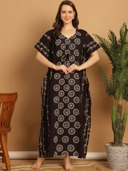 Secret Wish - Wine Polka Dot Print Cotton Kaftan Nighty