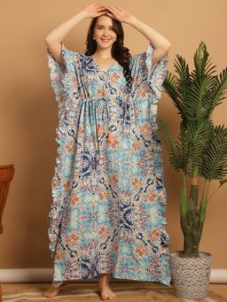 Secret Wish - Sky Blue Floral Print Rayon Kaftan Nighty
