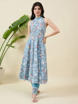 Aritri - AritriWomen Blue Floral Printed Cotton A-Line Kurta with Pant