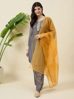 Aritri - AritriWomen Grey Solid Ethnic Motifs Round Neck Kurta with Pant and Dupatta