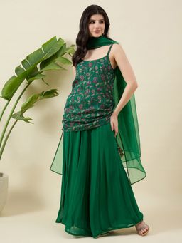 Aritri - AritriWomen Green Floral Printed Shoulder Straps Top with Sharara and Dupatta