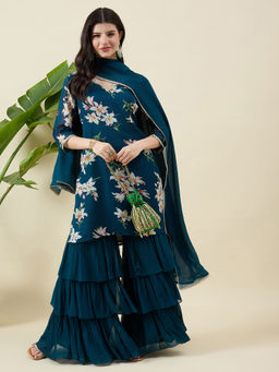 Aritri - AritriWomen Teal Floral Printed Regular Kurta with Sharara and Dupatta