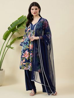 Aritri - AritriWomen Blue Floral Printed Cotton Kurta with Palazzo and Dupatta