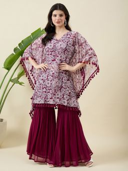 Aritri - AritriWomen Maroon Floral Printed Kaftan with Sharara