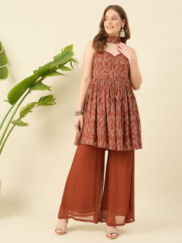 Aritri - AritriWomen Rust Printed Kurta with Palazzo and Dupatta